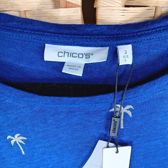 Chico's Foiled Flutter Sleeve Linen Tee Navy Palm Trees Embroidered NWT 12 14 - Picture 7 of 9